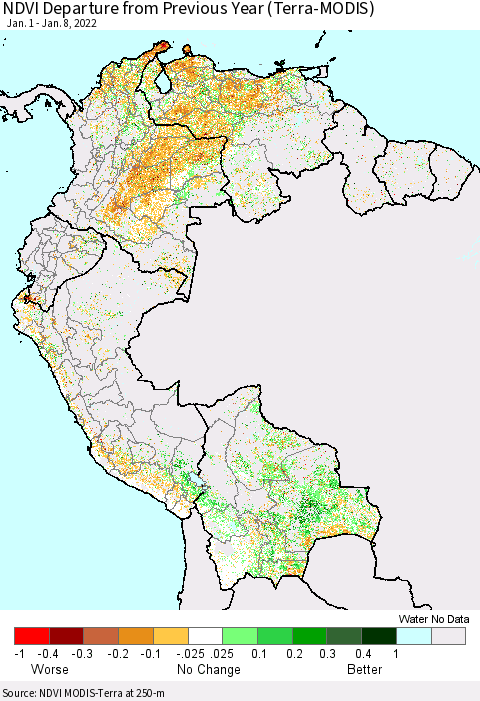 Northern South America NDVI Departure from Previous Year (Terra-MODIS) Thematic Map For 1/1/2022 - 1/8/2022