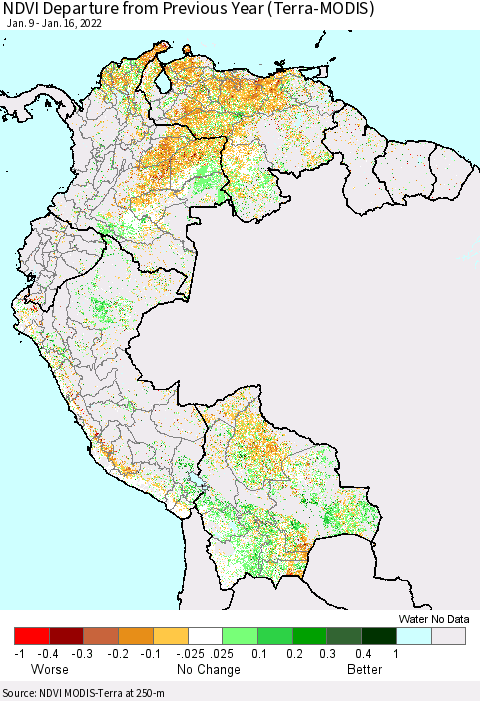 Northern South America NDVI Departure from Previous Year (Terra-MODIS) Thematic Map For 1/9/2022 - 1/16/2022