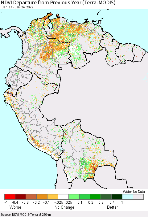 Northern South America NDVI Departure from Previous Year (Terra-MODIS) Thematic Map For 1/17/2022 - 1/24/2022