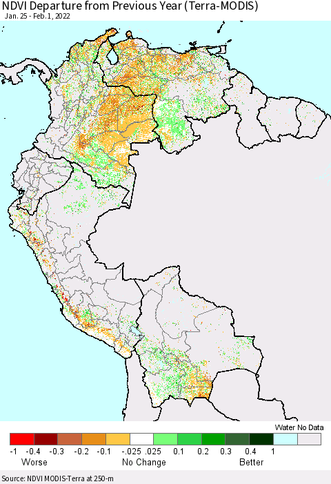 Northern South America NDVI Departure from Previous Year (Terra-MODIS) Thematic Map For 1/25/2022 - 2/1/2022