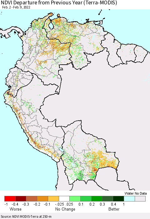 Northern South America NDVI Departure from Previous Year (Terra-MODIS) Thematic Map For 2/2/2022 - 2/9/2022