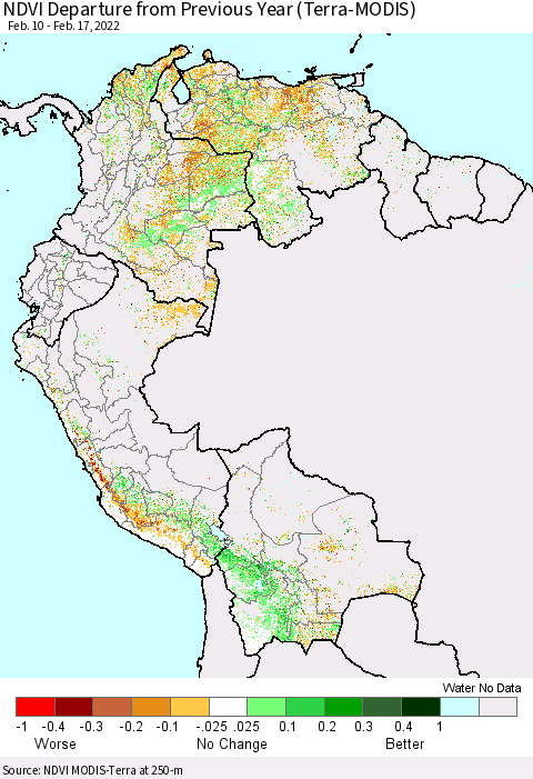 Northern South America NDVI Departure from Previous Year (Terra-MODIS) Thematic Map For 2/10/2022 - 2/17/2022