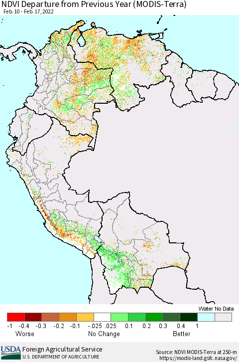 Northern South America NDVI Departure from Previous Year (Terra-MODIS) Thematic Map For 2/11/2022 - 2/20/2022