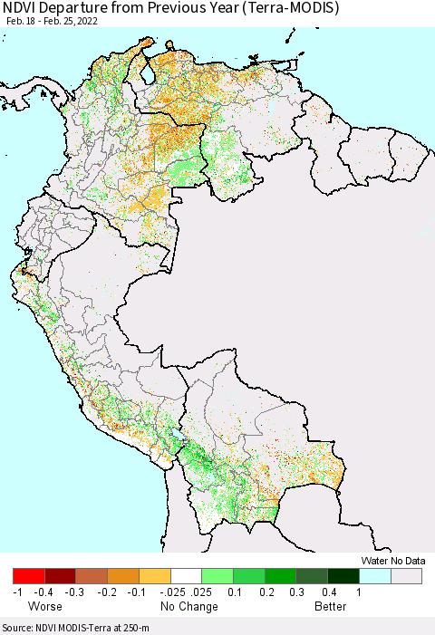 Northern South America NDVI Departure from Previous Year (Terra-MODIS) Thematic Map For 2/18/2022 - 2/25/2022