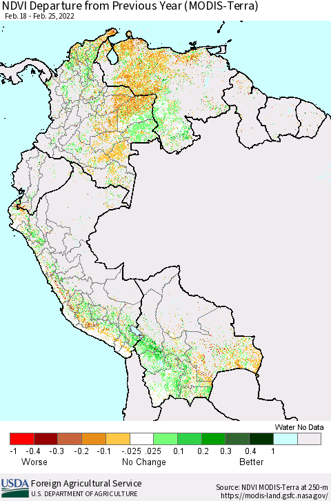 Northern South America NDVI Departure from Previous Year (Terra-MODIS) Thematic Map For 2/21/2022 - 2/28/2022