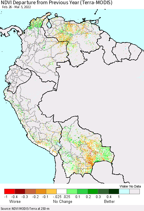 Northern South America NDVI Departure from Previous Year (Terra-MODIS) Thematic Map For 2/26/2022 - 3/5/2022