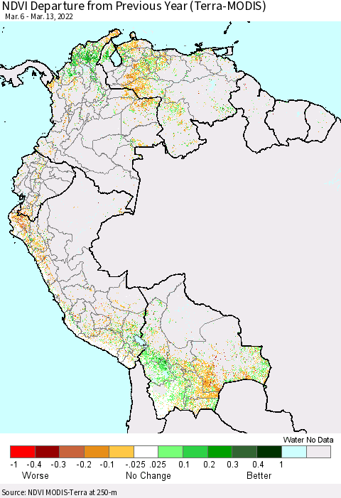 Northern South America NDVI Departure from Previous Year (Terra-MODIS) Thematic Map For 3/6/2022 - 3/13/2022