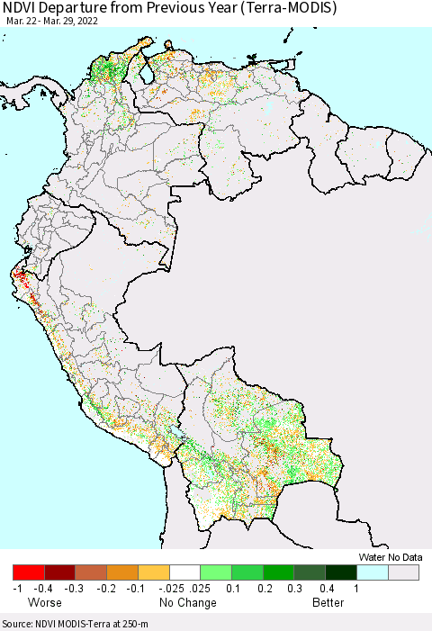 Northern South America NDVI Departure from Previous Year (Terra-MODIS) Thematic Map For 3/22/2022 - 3/29/2022