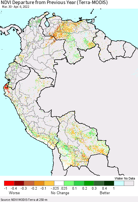Northern South America NDVI Departure from Previous Year (Terra-MODIS) Thematic Map For 3/30/2022 - 4/6/2022
