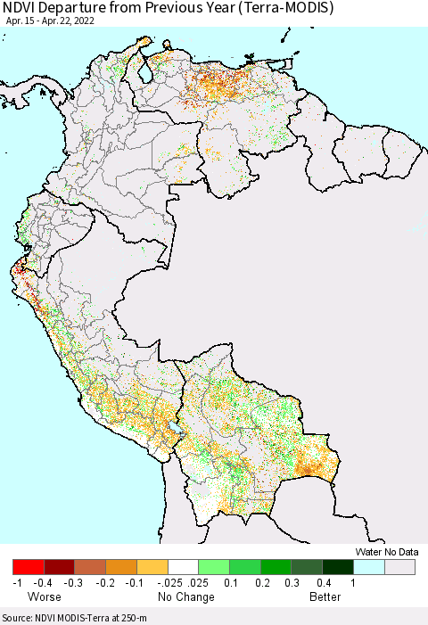 Northern South America NDVI Departure from Previous Year (Terra-MODIS) Thematic Map For 4/15/2022 - 4/22/2022