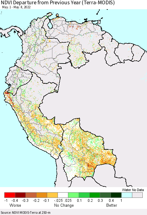Northern South America NDVI Departure from Previous Year (Terra-MODIS) Thematic Map For 5/1/2022 - 5/8/2022