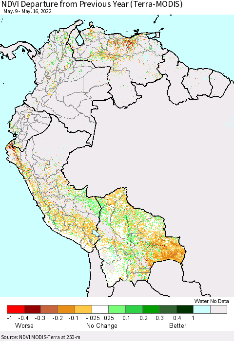 Northern South America NDVI Departure from Previous Year (Terra-MODIS) Thematic Map For 5/9/2022 - 5/16/2022