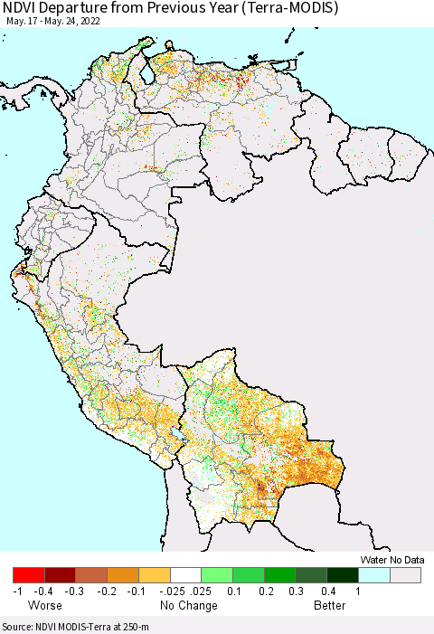 Northern South America NDVI Departure from Previous Year (Terra-MODIS) Thematic Map For 5/17/2022 - 5/24/2022