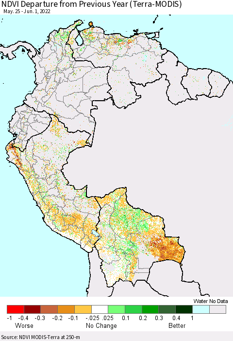 Northern South America NDVI Departure from Previous Year (Terra-MODIS) Thematic Map For 5/25/2022 - 6/1/2022
