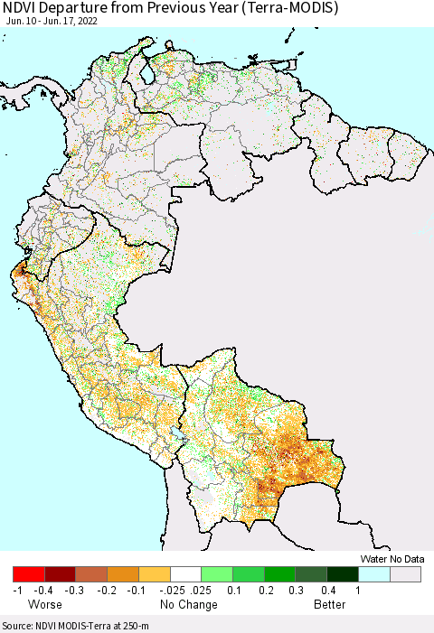 Northern South America NDVI Departure from Previous Year (Terra-MODIS) Thematic Map For 6/10/2022 - 6/17/2022