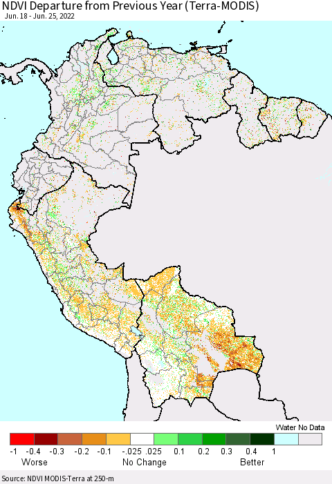 Northern South America NDVI Departure from Previous Year (Terra-MODIS) Thematic Map For 6/18/2022 - 6/25/2022