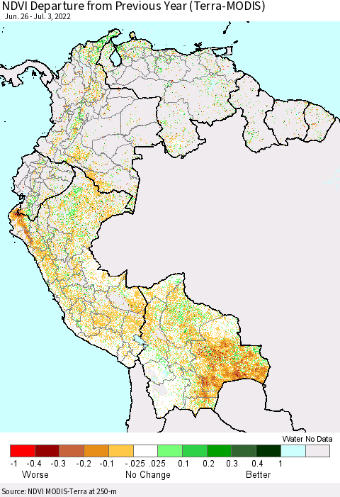 Northern South America NDVI Departure from Previous Year (Terra-MODIS) Thematic Map For 6/26/2022 - 7/3/2022