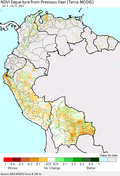 Northern South America NDVI Departure from Previous Year (Terra-MODIS) Thematic Map For 7/4/2022 - 7/11/2022