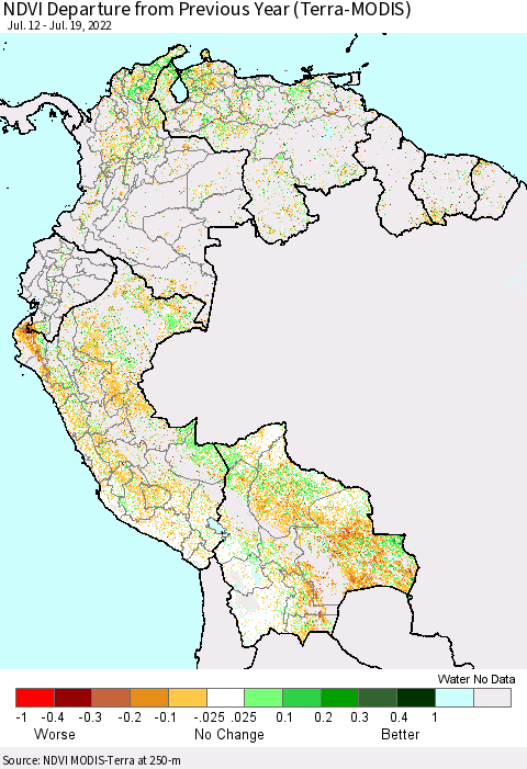 Northern South America NDVI Departure from Previous Year (Terra-MODIS) Thematic Map For 7/12/2022 - 7/19/2022