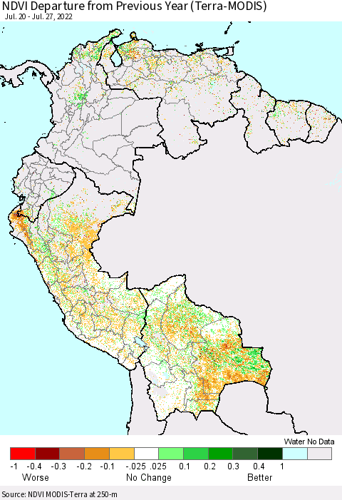 Northern South America NDVI Departure from Previous Year (Terra-MODIS) Thematic Map For 7/20/2022 - 7/27/2022