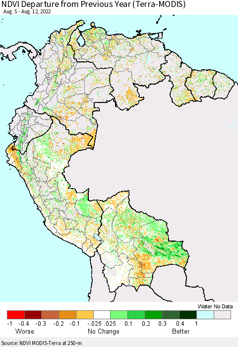 Northern South America NDVI Departure from Previous Year (Terra-MODIS) Thematic Map For 8/5/2022 - 8/12/2022