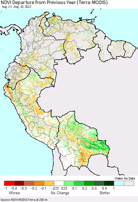 Northern South America NDVI Departure from Previous Year (Terra-MODIS) Thematic Map For 8/13/2022 - 8/20/2022