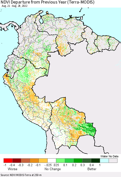 Northern South America NDVI Departure from Previous Year (Terra-MODIS) Thematic Map For 8/21/2022 - 8/28/2022