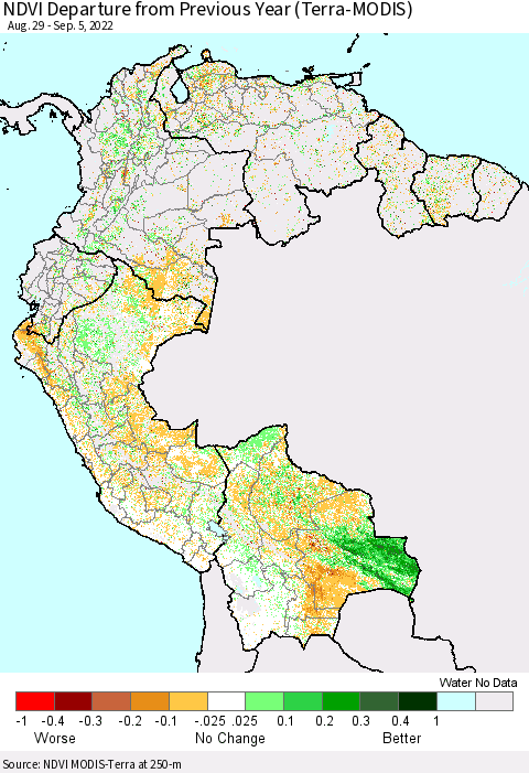 Northern South America NDVI Departure from Previous Year (Terra-MODIS) Thematic Map For 8/29/2022 - 9/5/2022