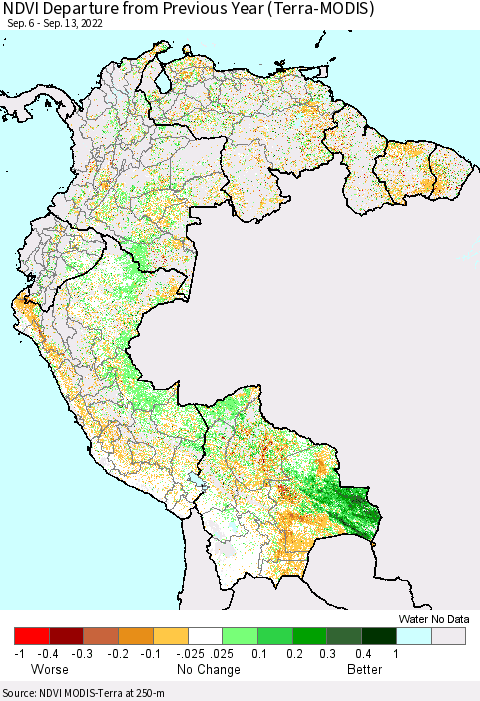 Northern South America NDVI Departure from Previous Year (Terra-MODIS) Thematic Map For 9/6/2022 - 9/13/2022