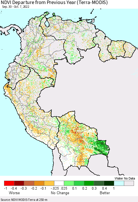 Northern South America NDVI Departure from Previous Year (Terra-MODIS) Thematic Map For 9/30/2022 - 10/7/2022