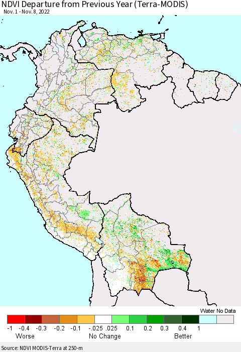 Northern South America NDVI Departure from Previous Year (Terra-MODIS) Thematic Map For 11/1/2022 - 11/8/2022