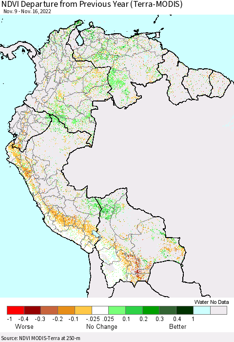 Northern South America NDVI Departure from Previous Year (Terra-MODIS) Thematic Map For 11/9/2022 - 11/16/2022