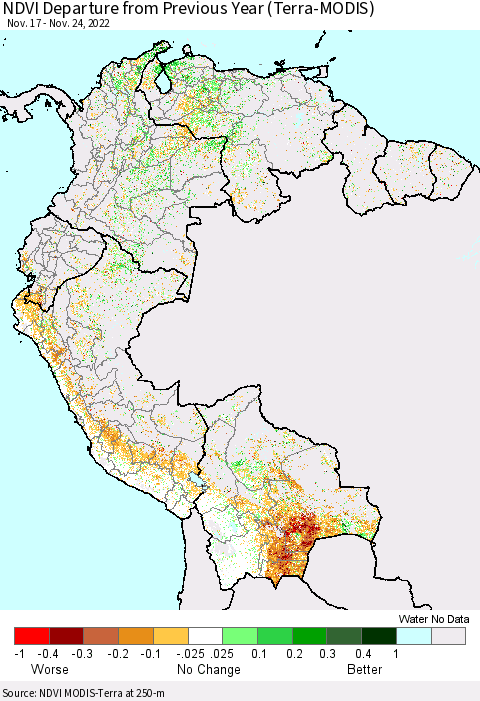 Northern South America NDVI Departure from Previous Year (Terra-MODIS) Thematic Map For 11/17/2022 - 11/24/2022