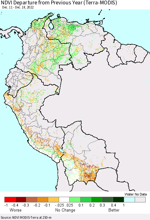 Northern South America NDVI Departure from Previous Year (Terra-MODIS) Thematic Map For 12/11/2022 - 12/18/2022