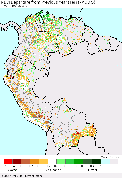 Northern South America NDVI Departure from Previous Year (Terra-MODIS) Thematic Map For 12/19/2022 - 12/26/2022