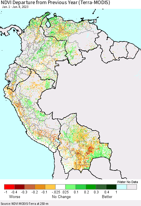 Northern South America NDVI Departure from Previous Year (Terra-MODIS) Thematic Map For 1/1/2023 - 1/8/2023