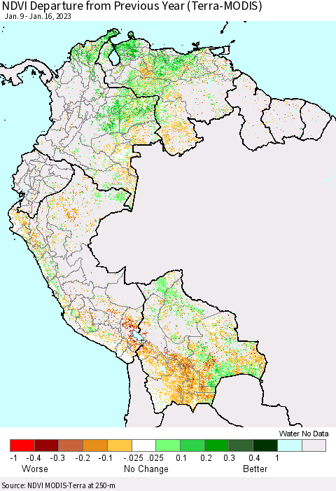 Northern South America NDVI Departure from Previous Year (Terra-MODIS) Thematic Map For 1/9/2023 - 1/16/2023