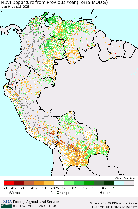 Northern South America NDVI Departure from Previous Year (Terra-MODIS) Thematic Map For 1/11/2023 - 1/20/2023