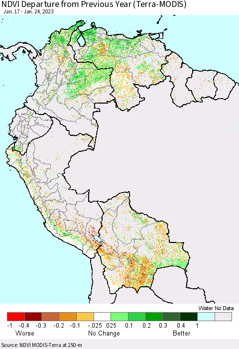Northern South America NDVI Departure from Previous Year (Terra-MODIS) Thematic Map For 1/17/2023 - 1/24/2023