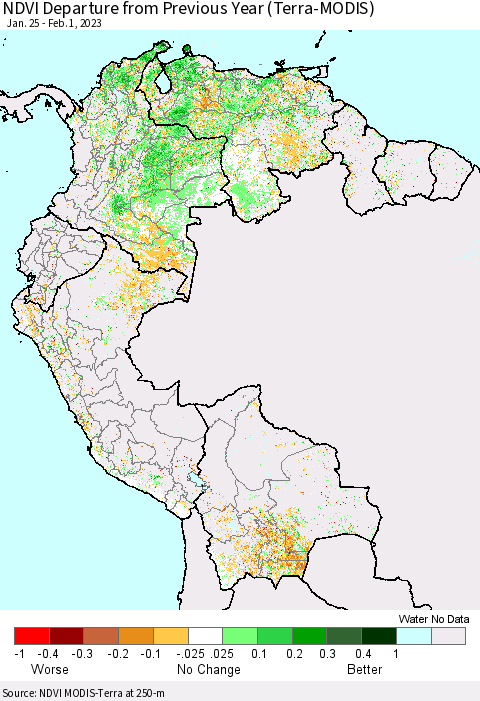 Northern South America NDVI Departure from Previous Year (Terra-MODIS) Thematic Map For 1/25/2023 - 2/1/2023
