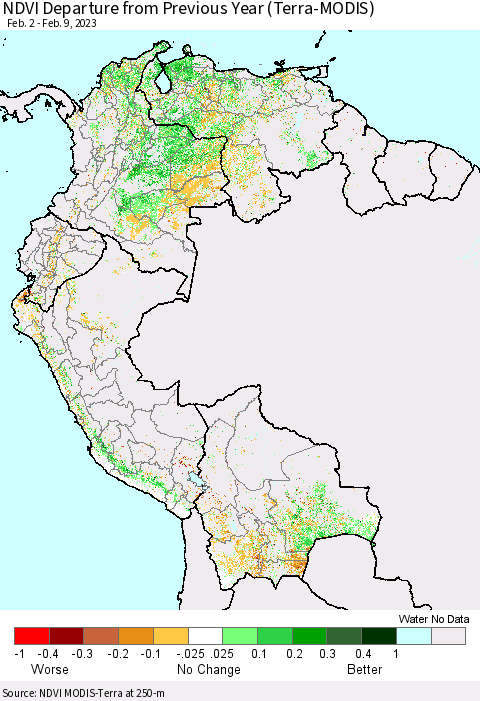 Northern South America NDVI Departure from Previous Year (Terra-MODIS) Thematic Map For 2/2/2023 - 2/9/2023