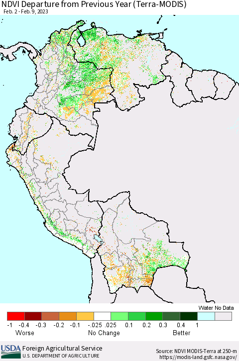Northern South America NDVI Departure from Previous Year (Terra-MODIS) Thematic Map For 2/1/2023 - 2/10/2023