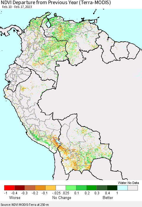 Northern South America NDVI Departure from Previous Year (Terra-MODIS) Thematic Map For 2/10/2023 - 2/17/2023