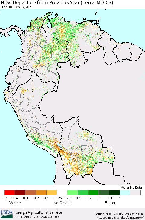 Northern South America NDVI Departure from Previous Year (Terra-MODIS) Thematic Map For 2/11/2023 - 2/20/2023