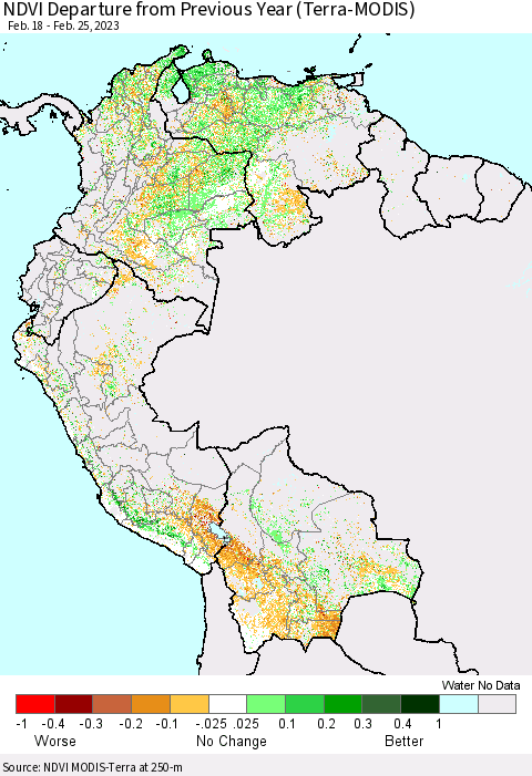 Northern South America NDVI Departure from Previous Year (Terra-MODIS) Thematic Map For 2/18/2023 - 2/25/2023