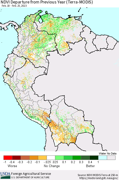 Northern South America NDVI Departure from Previous Year (Terra-MODIS) Thematic Map For 2/21/2023 - 2/28/2023
