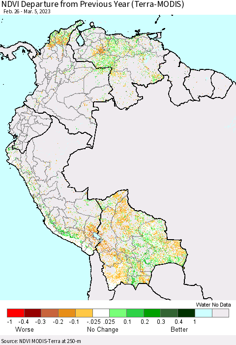 Northern South America NDVI Departure from Previous Year (Terra-MODIS) Thematic Map For 2/26/2023 - 3/5/2023