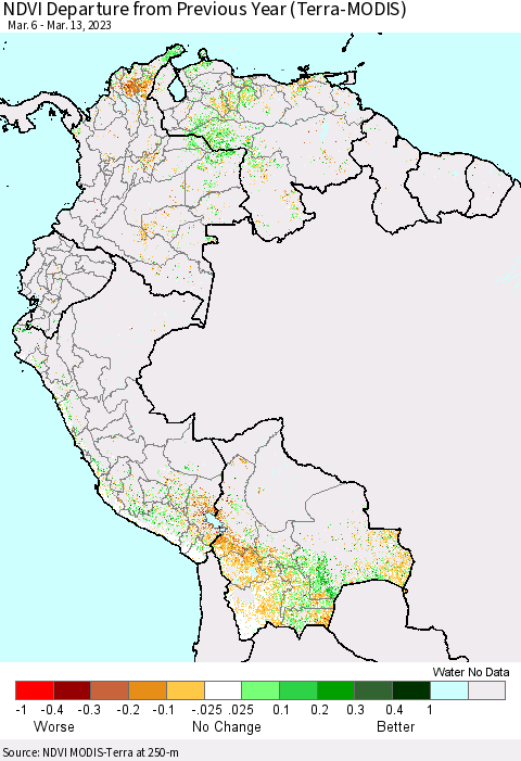 Northern South America NDVI Departure from Previous Year (Terra-MODIS) Thematic Map For 3/6/2023 - 3/13/2023