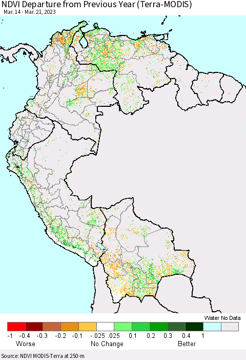 Northern South America NDVI Departure from Previous Year (Terra-MODIS) Thematic Map For 3/14/2023 - 3/21/2023