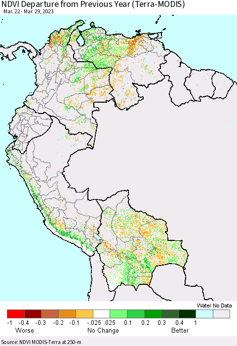 Northern South America NDVI Departure from Previous Year (Terra-MODIS) Thematic Map For 3/22/2023 - 3/29/2023